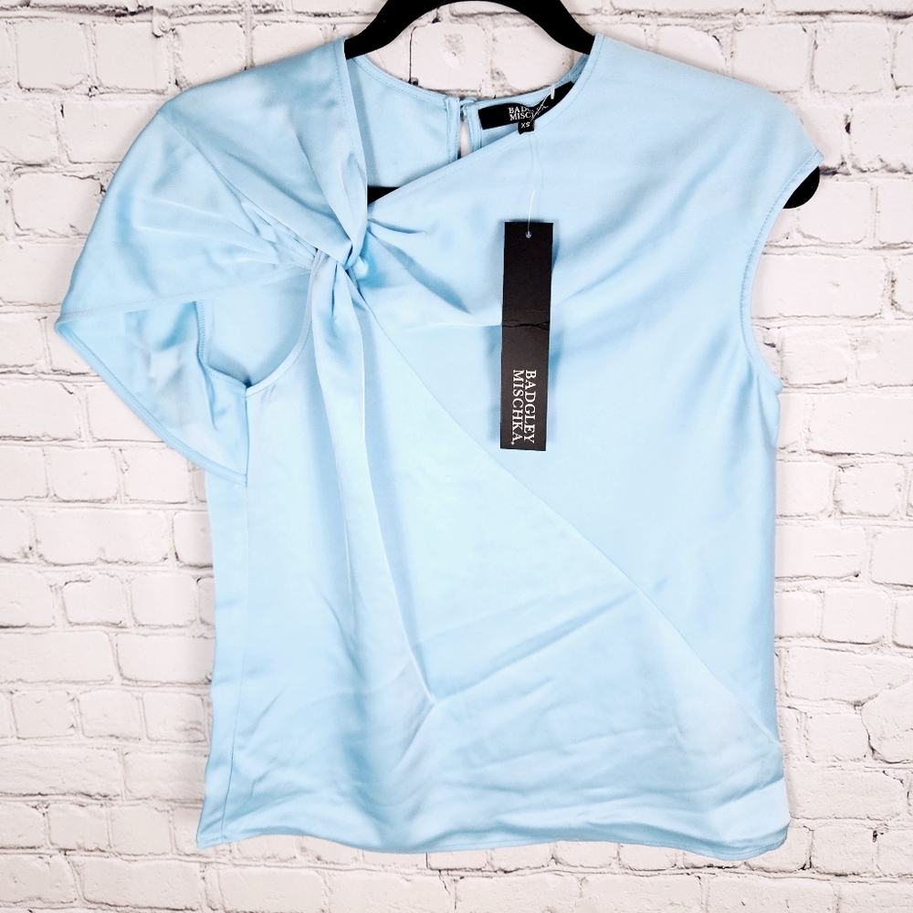 BADGLEY MISCHKA | satin ruched knotted asymmetrical shoulder blouse
